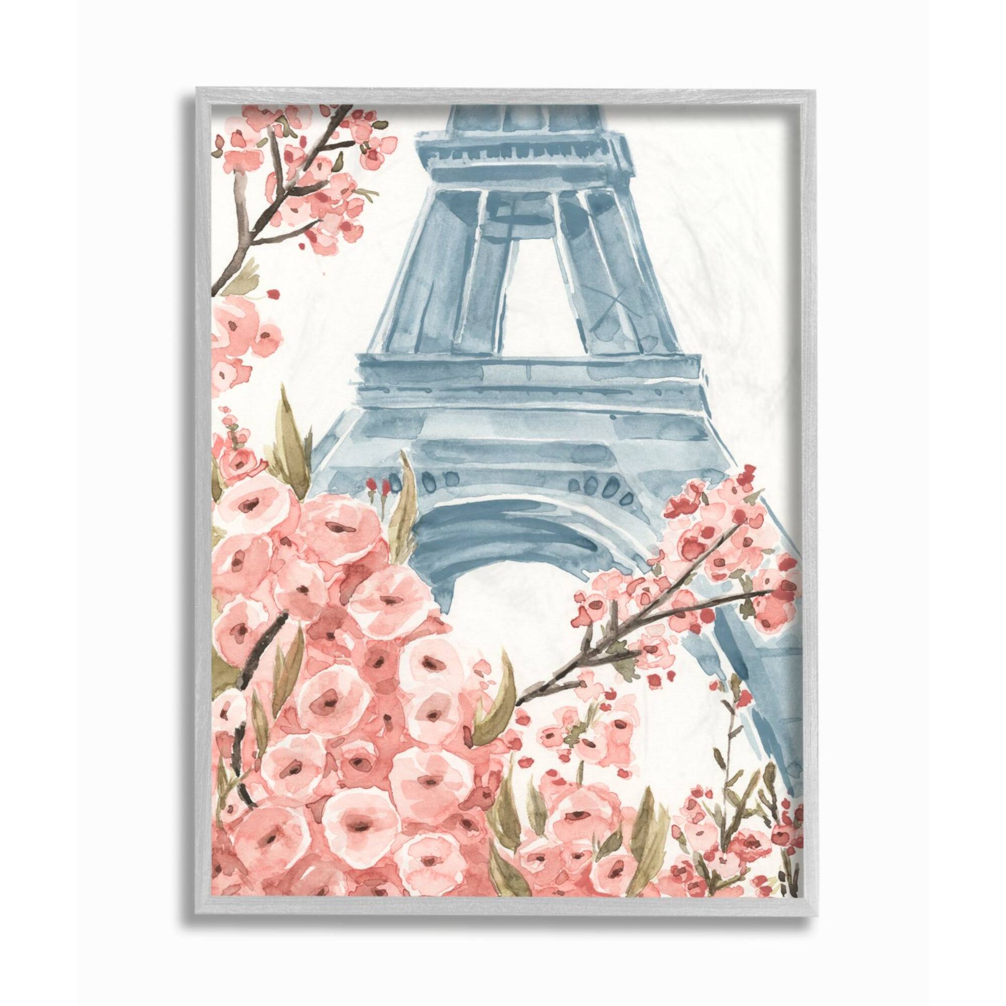 Stupell Industries Pink & Blue Paris Flowers Eiffel Tower Painting with Gray Frame Wall Accent